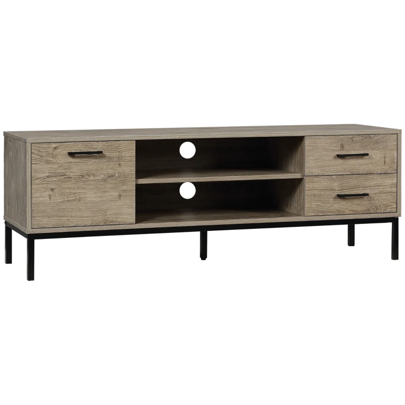 HOMCOM Mobile TV per schermi fino a 50 pollici, dotato di armadietto, 2 cassetti e 2 vani aperti con 2 passacavi, 132 x 39 x 45,5 cm, grigio e nero
