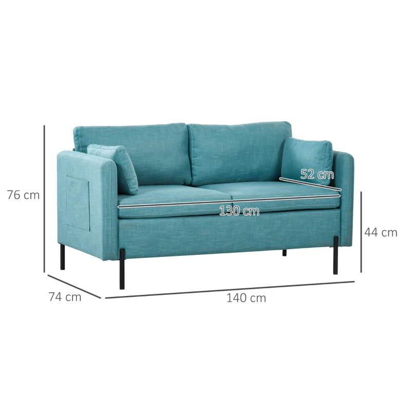 HOMCOM Sofá de 2 plazas estilo contemporáneo 2 bolsillos en los reposabrazos patas de acero revestimiento tela aspecto lino Azul