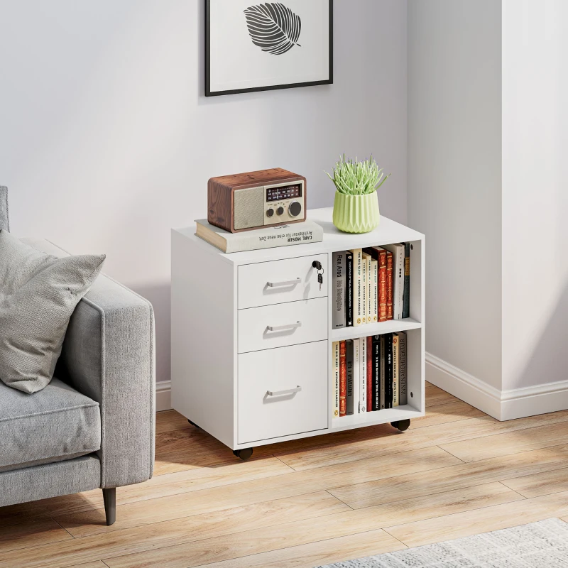 HOMCOM Bürocontainer mit 3 Schubladen, Rädern, Schloss und Schlüssel, 60x40x56 cm, Weiß