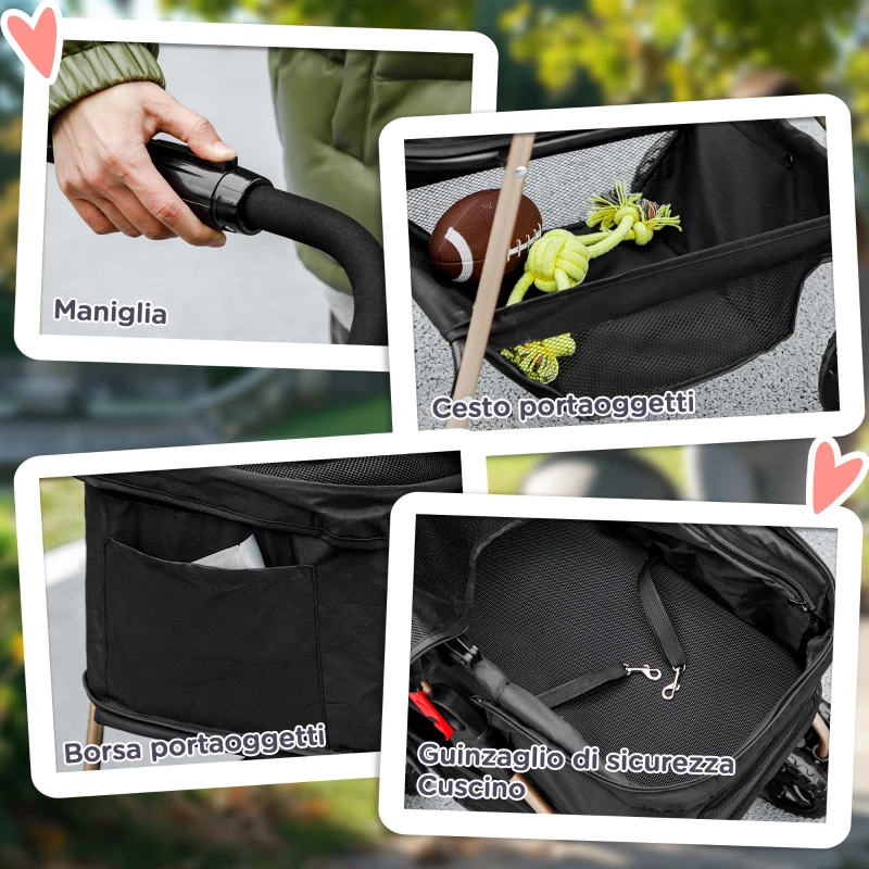 PawHut Poussette pour Chiens 3 en 1 Pliable avec Sac de Transport et Panier Inférieur, Noir