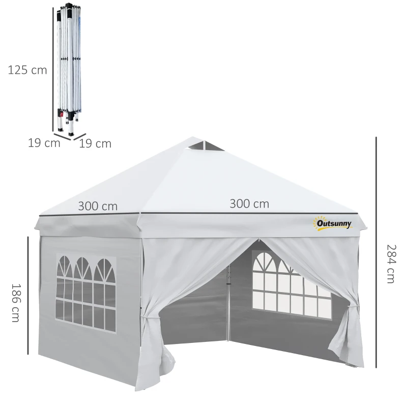 Outsunny Carpa de jardín emergente tente de jardín barnum 3x3 m altura ajustable con 4 paredes laterales removibles, ventanas