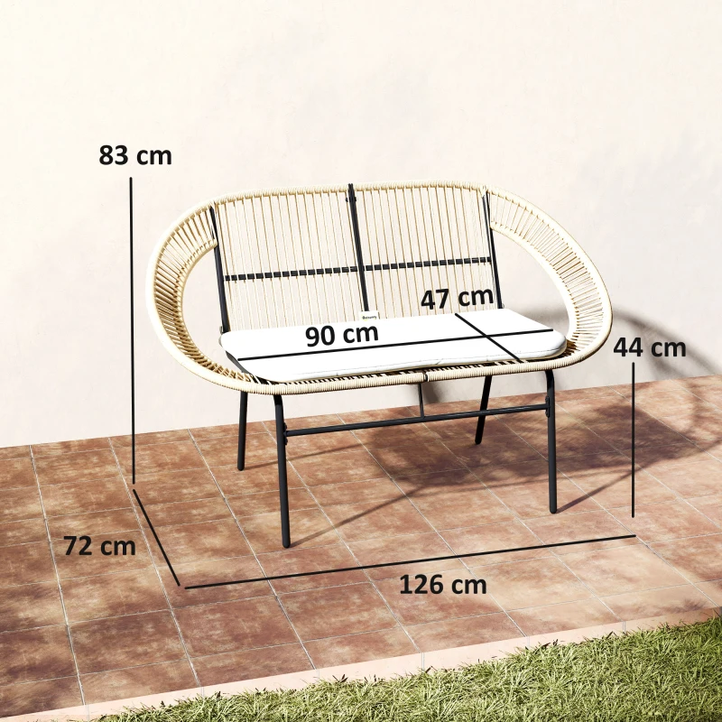 Outsunny Gartenbank 2-Sitzer, Gartenbank im Freien aus Stahl im Acapulco-Stil, mit Rücken- und Sitzkissen, 126 x 72 x 83 cm, Khaki