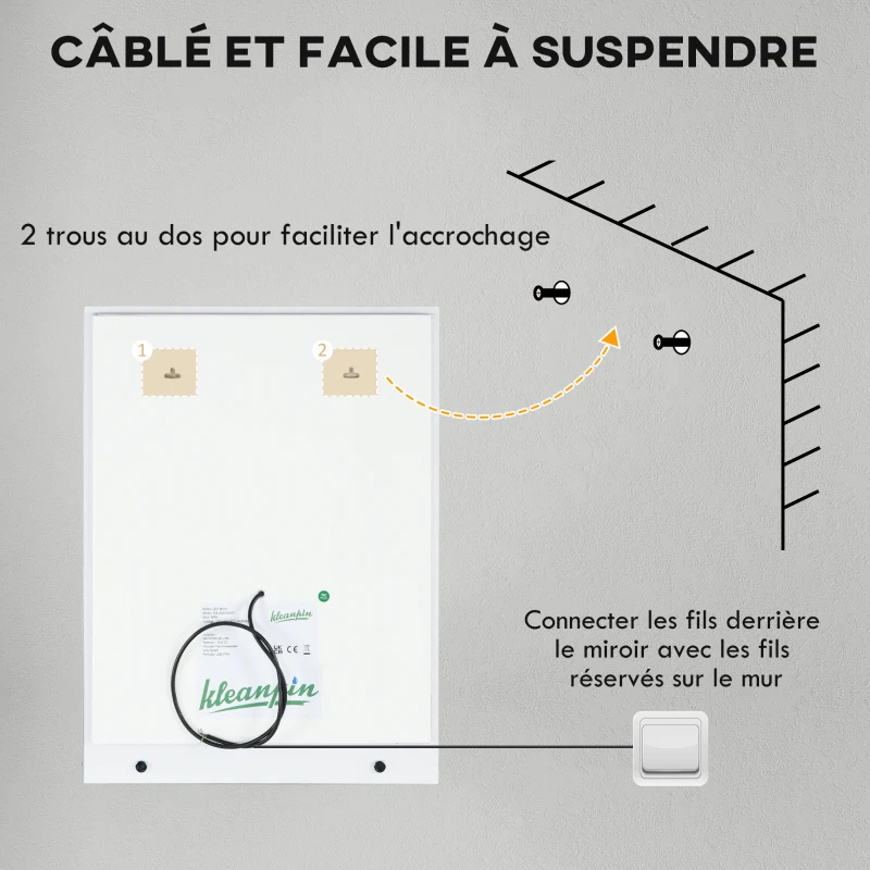 kleankin Specchio Rettangolare da Parete con Luci LED per Bagno 80 x 60 cm