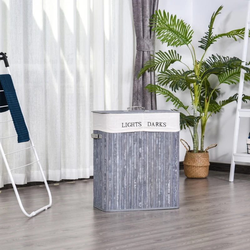 HOMCOM Cesto per il bucato 100L con 2 scomparti in bambù pieghevole con coperchio maniglia sacchetto removibile in tela grigio