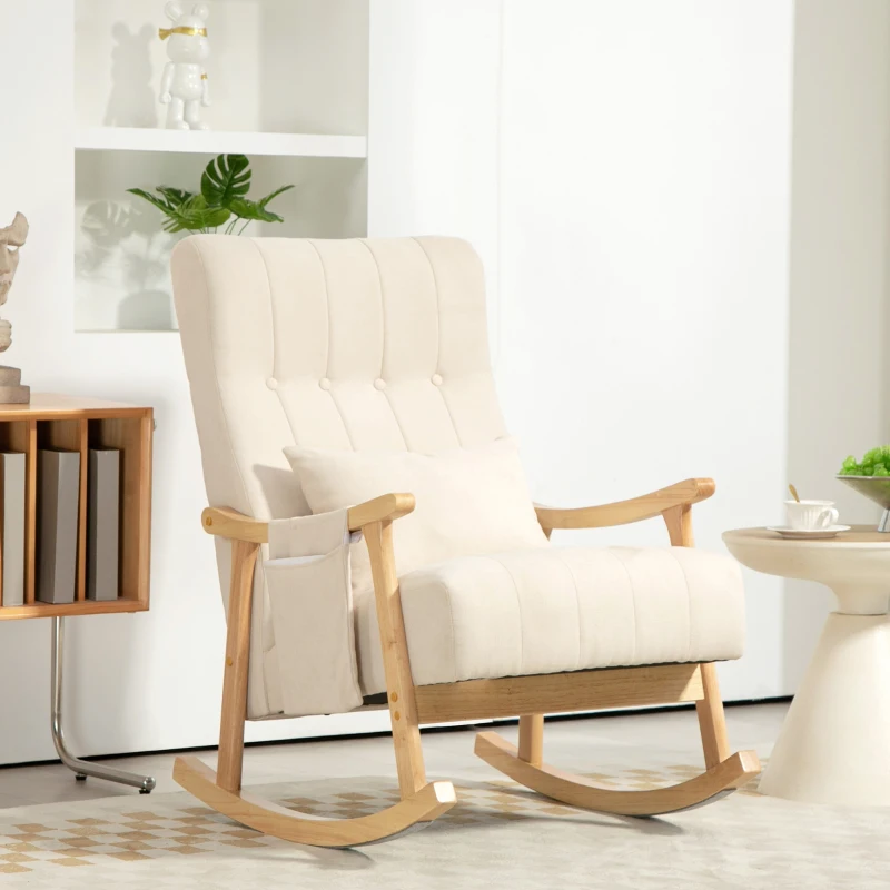 HOMCOM Sillón Mecedora con Cojín Lumbar Asiento Ancho Marco de Haya hasta 120 kg Beige