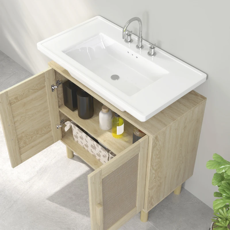 HOMCOM Mobile bagno sottolavabo mobile sottolavabo ante in rattan piedi in legno di pino 2 livelli 60 x 30 x 60 cm quercia
