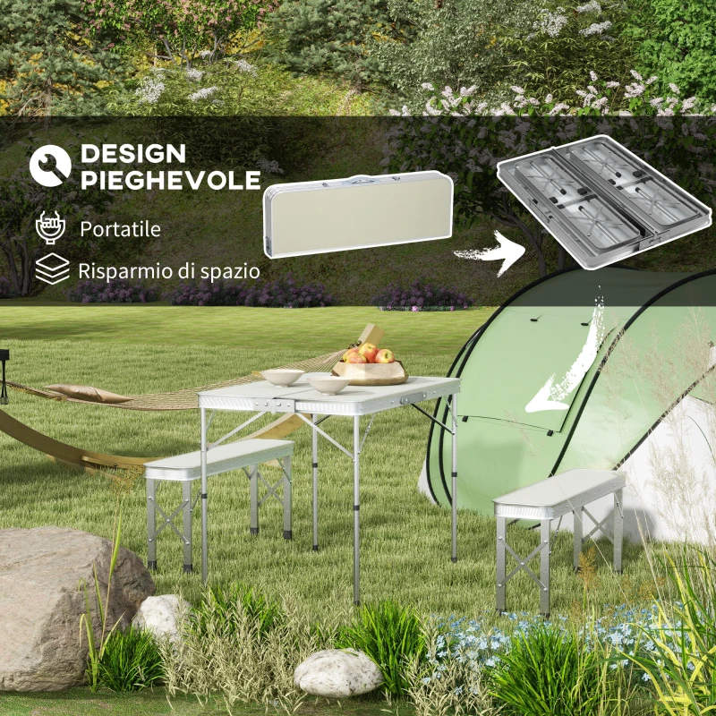 Outsunny Tavolo da Picnic Pieghevole 90x62x70 cm con 2 Panche da Esterno 86x23x40 cm, in MDF e Alluminio, Argento