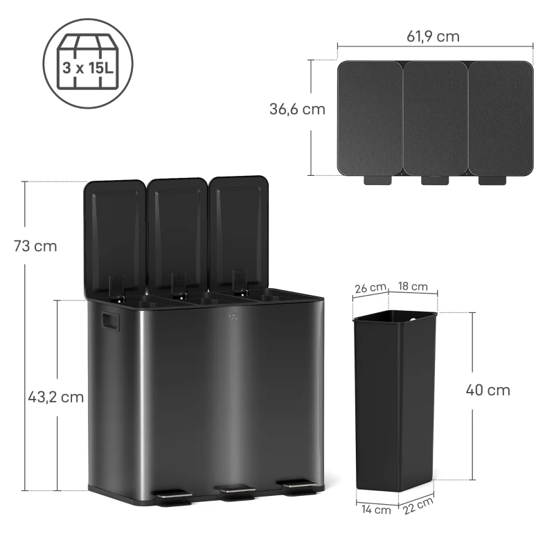 HOMCOM Cubo de basura 45L con 3 compartimentos de 15L tapa cubos extraíbles 3x15L Negro