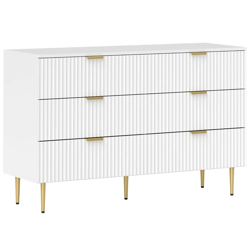 HOMCOM Cassettiera 6 Cassetti Mobile per Camera Moderno con Maniglie e Piedi Dorati, 120 x 40 x 76,5 cm, Bianco