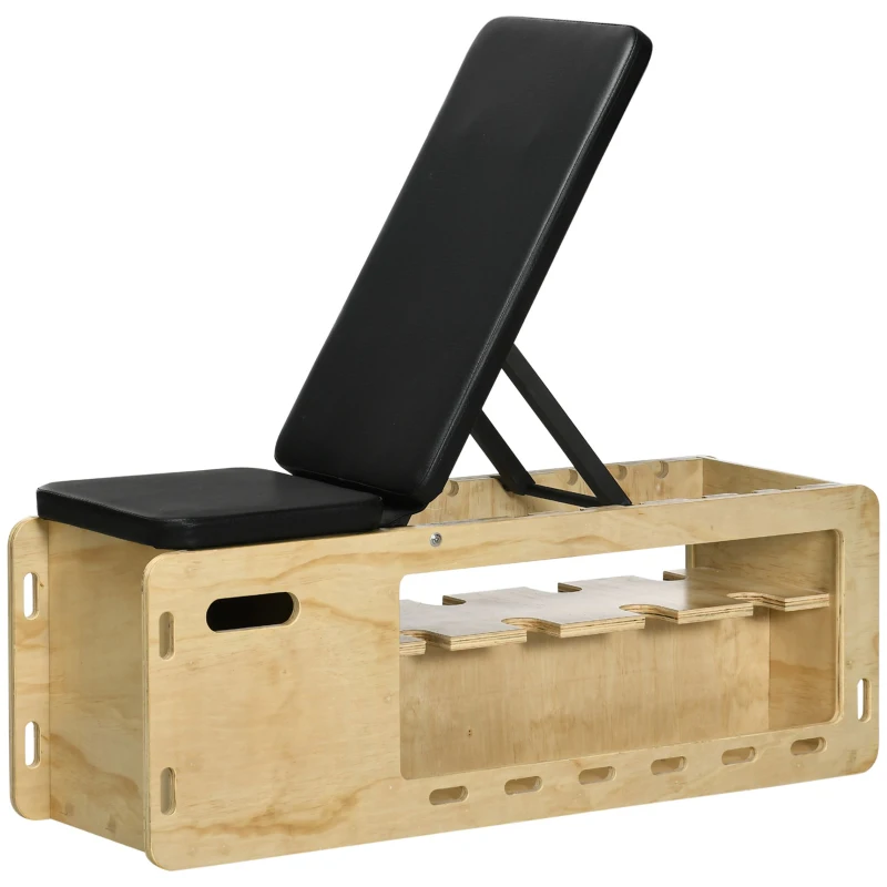 HOMCOM Panca Pesi con Supporto per Manubri, 1 Cesto Portaoggetti, Regolabile in 6 Posizioni, Legno Massello, Naturale + Nero