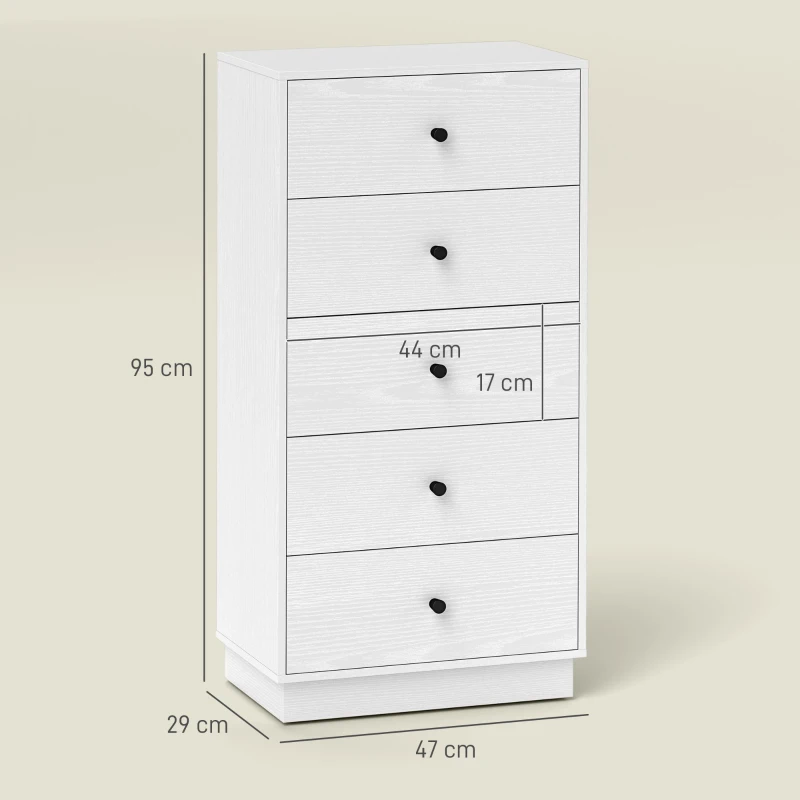 HOMCOM Kommode 5 Schubladen, hoher und schmaler Aufbewahrungsmöbel im modernen Stil für Schlafzimmer, Wohnzimmer - 47x29x95cm, weiß