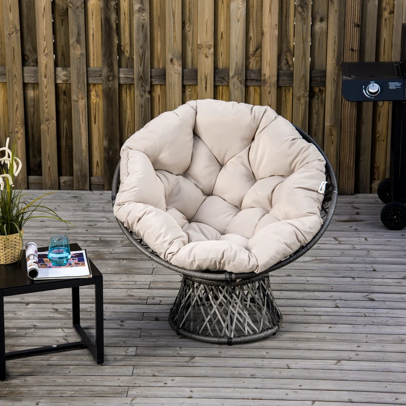Outsunny Poltrona Papasan Girevole Ø97x90 cm con Cuscino, in Poliestere e Rattan Intrecciato, color Crema
