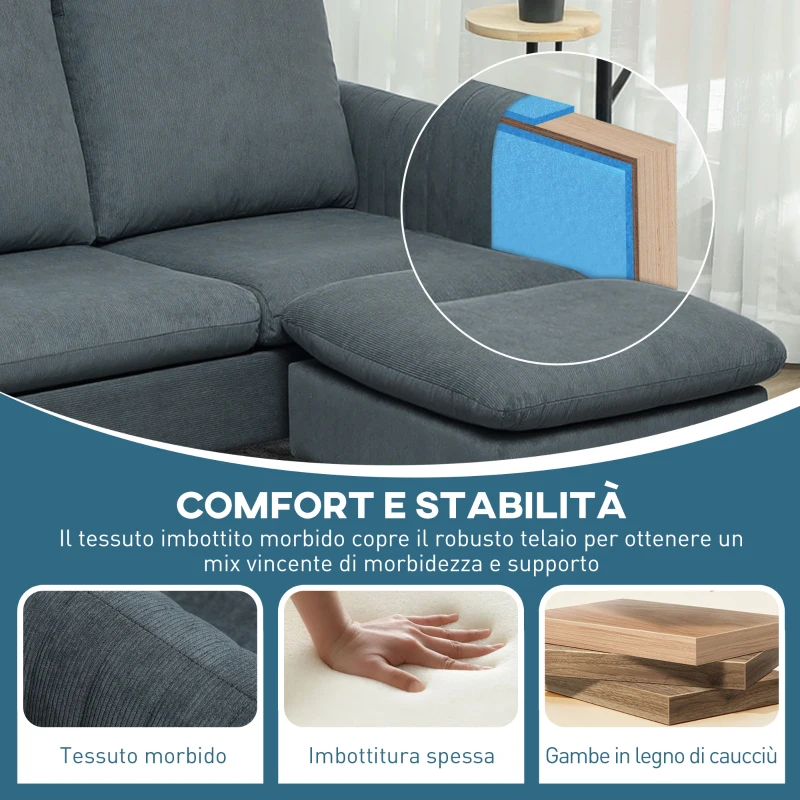 HOMCOM Divano 3 Posti Angolare con Chaise Longue Reversibile, in Tessuto Effetto Velluto, 196x140x88 cm, Grigio Carbone