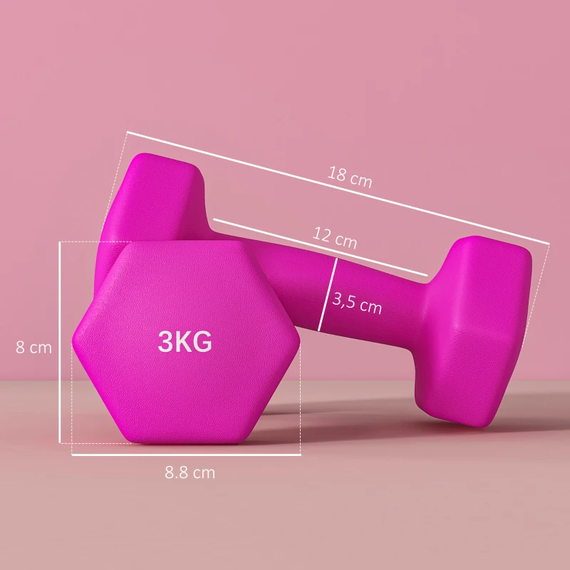 SPORTNOW Juego de 2 mancuernas hexagonales con agarre antideslizante para entrenamiento en casa, 2x3 kg, Rosa