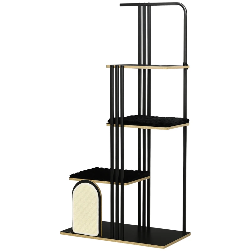 PawHut Árbol Rascador, Diseño Industrial, 3 Plataformas, 2 Cojines, Rascador de Pared, Estructura de Acero, Negro, 85x48x170 cm
