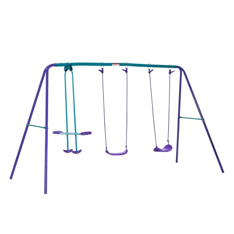 Outsunny Schaukelgestell für den Außenbereich 3-in-1 mit 1 Doppelschaukel und 2 Schaukelsitzen, für Kinder ab 3 Jahren, violett