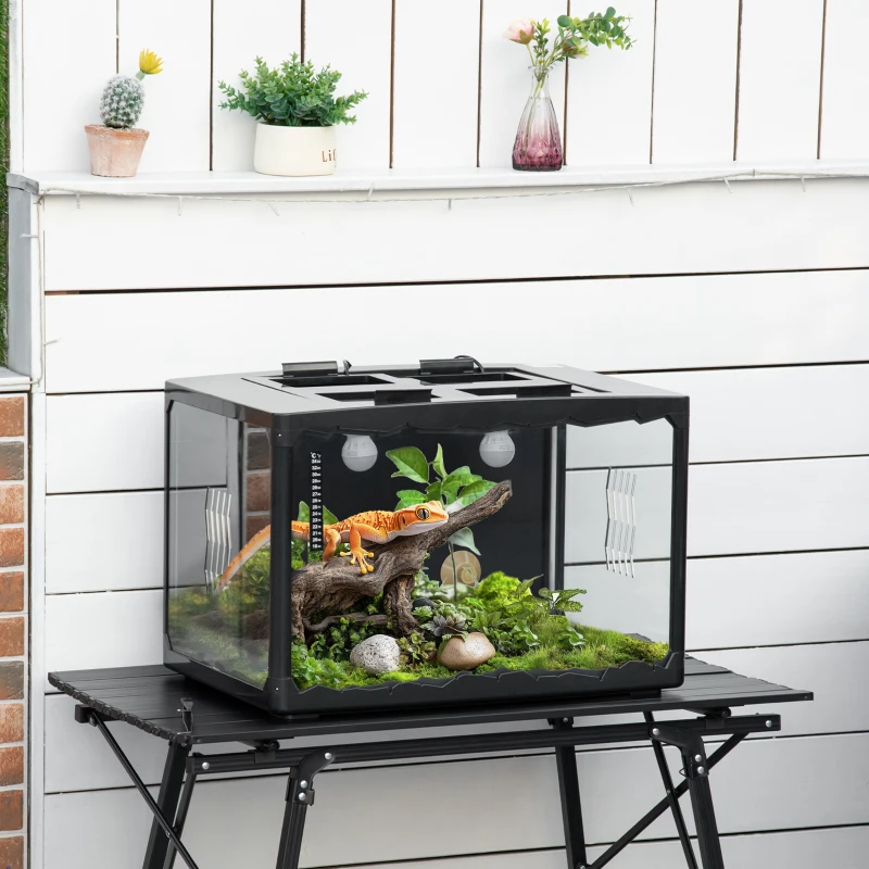 PawHut Terrarium für Landschildkröten und Reptilien mit Thermometer 18-34℃, 60x40x40,5 cm, Schwarz