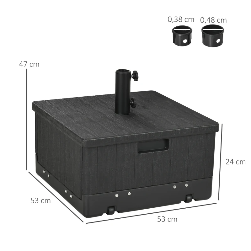Outsunny Pie de sombrilla base de lestage mesa auxiliar jardinera con drenaje ruedas y asas PE y metal Negro