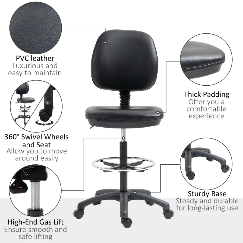 Vinsetto Sgabello con Rotelle, Regolabile in Altezza 69-91 cmn, Schienale Reclinabile e Poggiapiedi Regolabile, Nero