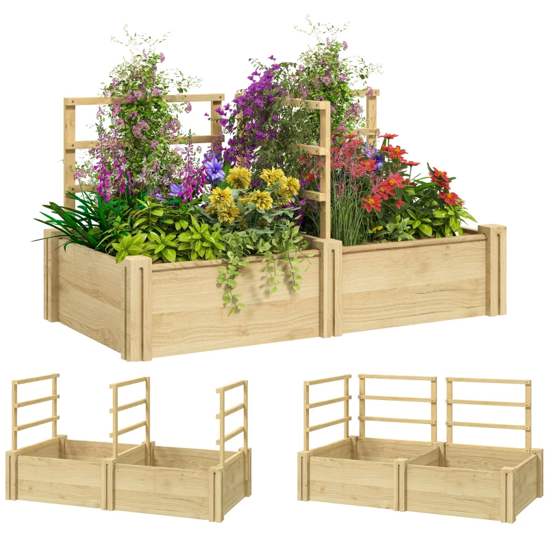 Outsunny Jardinière avec 3 Treillis et 2 Pots en Bois de Sapin avec Fond Ouvert, 119x62.5x64 cm, couleur Bois