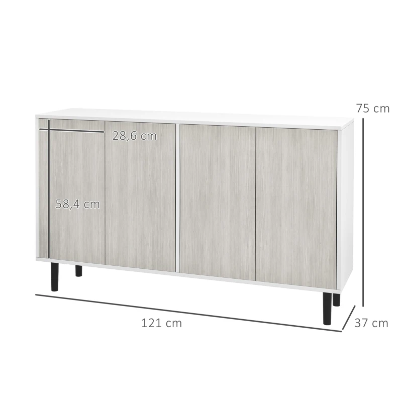 HOMCOM Küchenbuffet Aufbewahrungsschrank mit 2 Doppeltürenschränken mit höhenverstellbaren Regalen, 121 x 37 x 75 cm, Weiß und Holzoptik Grau
