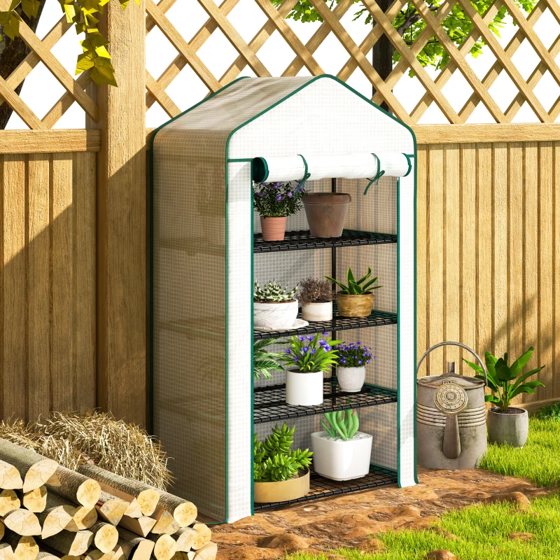 Outsunny Serra da Giardino o Balcone con 4 Ripiani, Acciaio Zincato, Telone Rimovibile PE ad Alta Densità, 90x49x160cm, Bianco