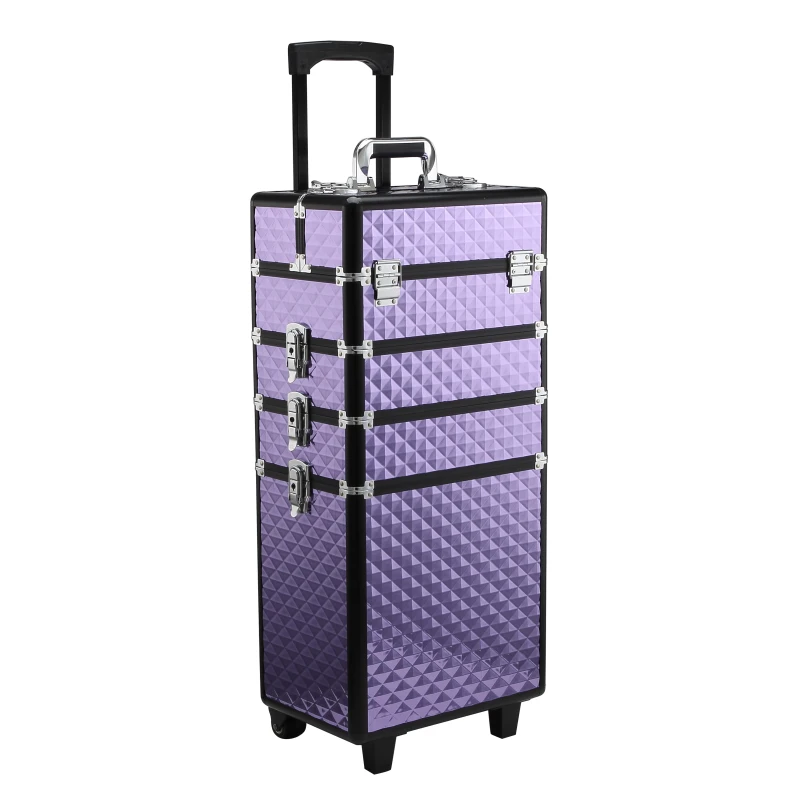 HOMCOM Professioneller Make-up-Trolley, Reise-Make-up-Koffer aus Aluminium, 2 Räder, Violett 33,5x23x76/95,5 cm