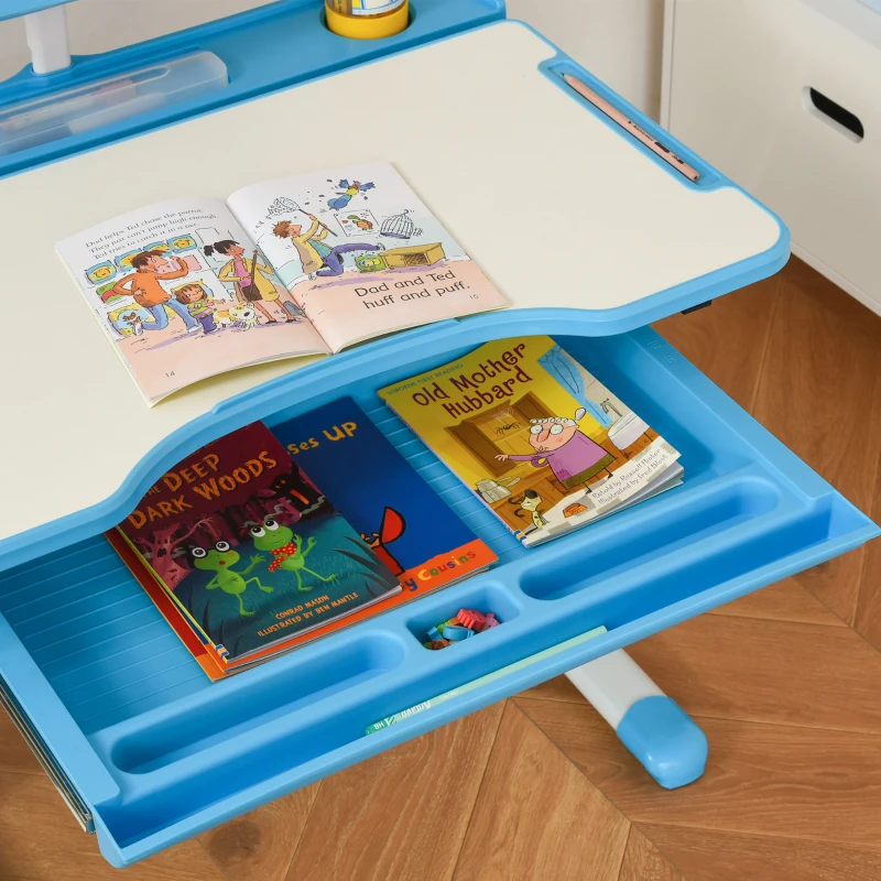 HOMCOM Ensemble Bureau d'École avec Chaise pour Enfants 6-12 Ans Hauteur et Inclinaison Réglable, Bleu