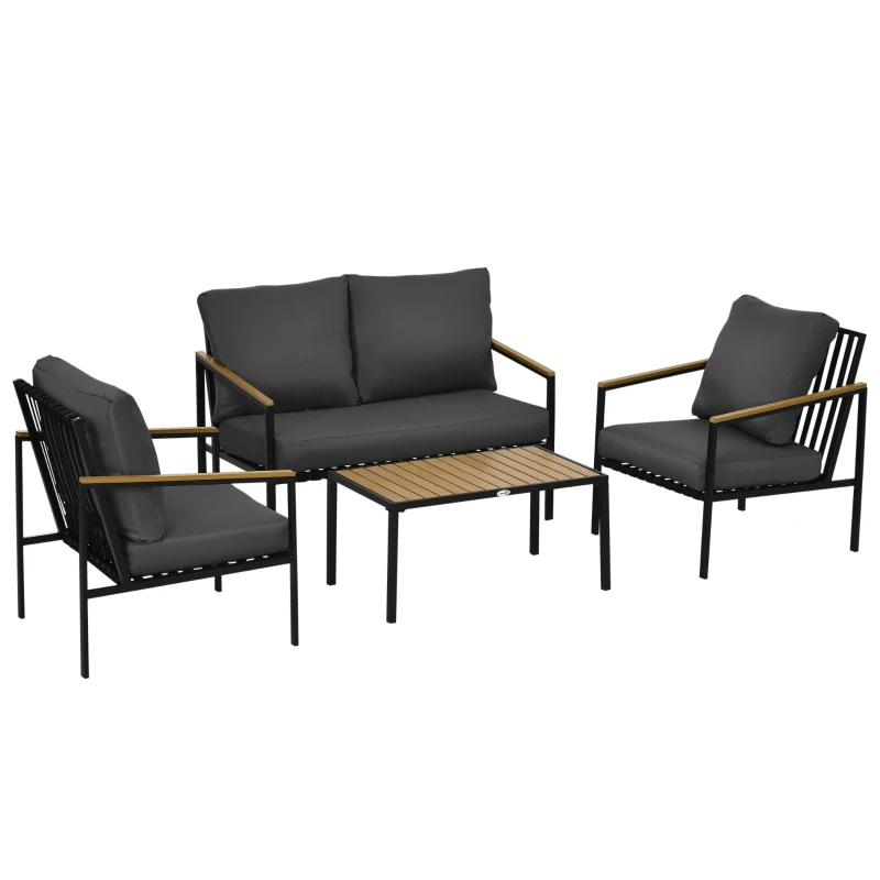 Outsunny Conjunto salon de jardín 4 piezas 4 personas con sofá 2 plazas sillones y mesa de centro 8 cojines Negro Gris oscuro