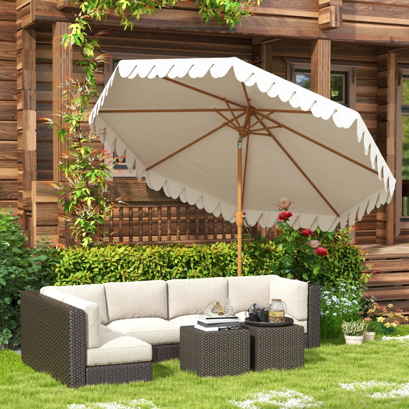 Outsunny Parasol inclinable redondo Ø 264 cm con flecos tela de poliéster alta densidad anti-UV mástil desmontable 8 varillas - crema