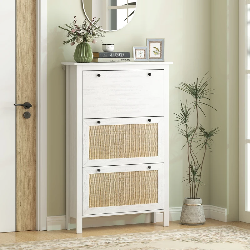 HOMCOM Mobile Scarpiera con 3 Ante Ribaltabili, Effetto Intreccio Rattan, in Legno, Bianco