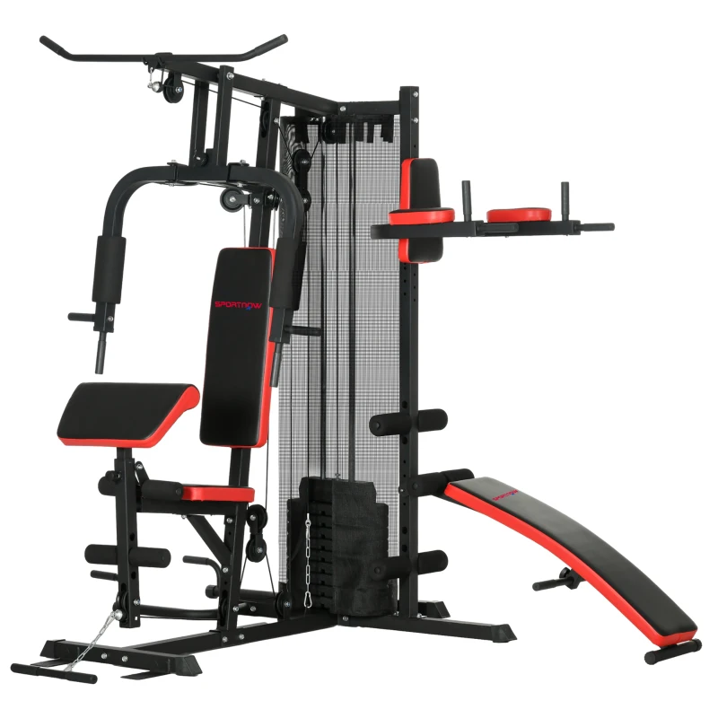 SPORTNOW Estación de musculación Multifunción ajustable banco fitness 10 contrapesos 65kg con red de protección