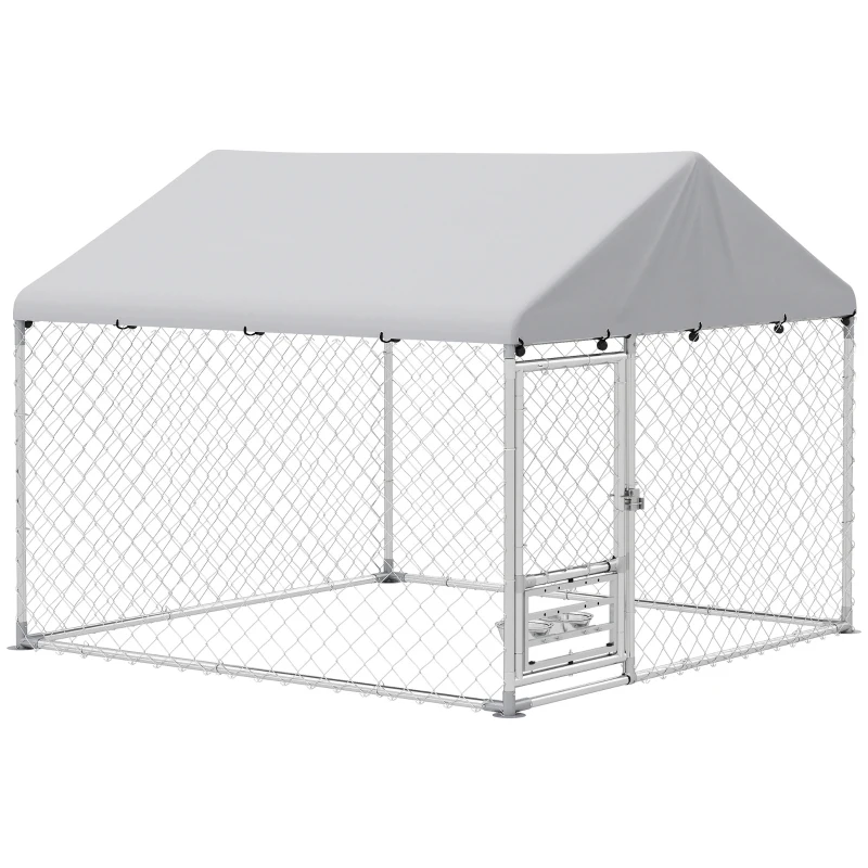 PawHut Perrera de Acero Galvanizado con Toldo Resistente y Estación de Alimentación para Perros 200x200x154 cm Plata