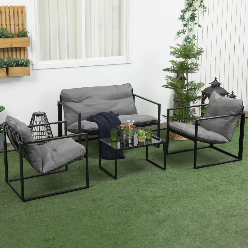 Outsunny Conjunto de sala de jardín 4 piezas 4 personas con sofá de 2 plazas, 2 sillones y 1 mesa de centro Gris(m-2)