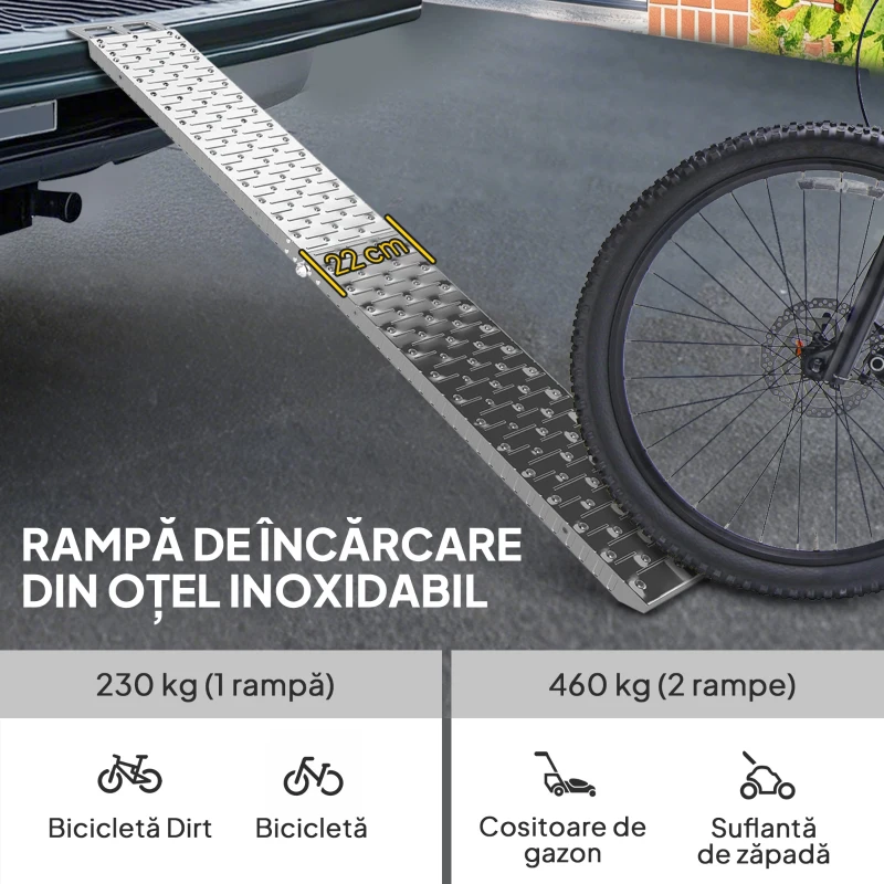 HOMCOM Rampă pentru Motociclete și Biciclete cu Sarcină Maximă 230 kg, 190x22x8 cm, Argintiu