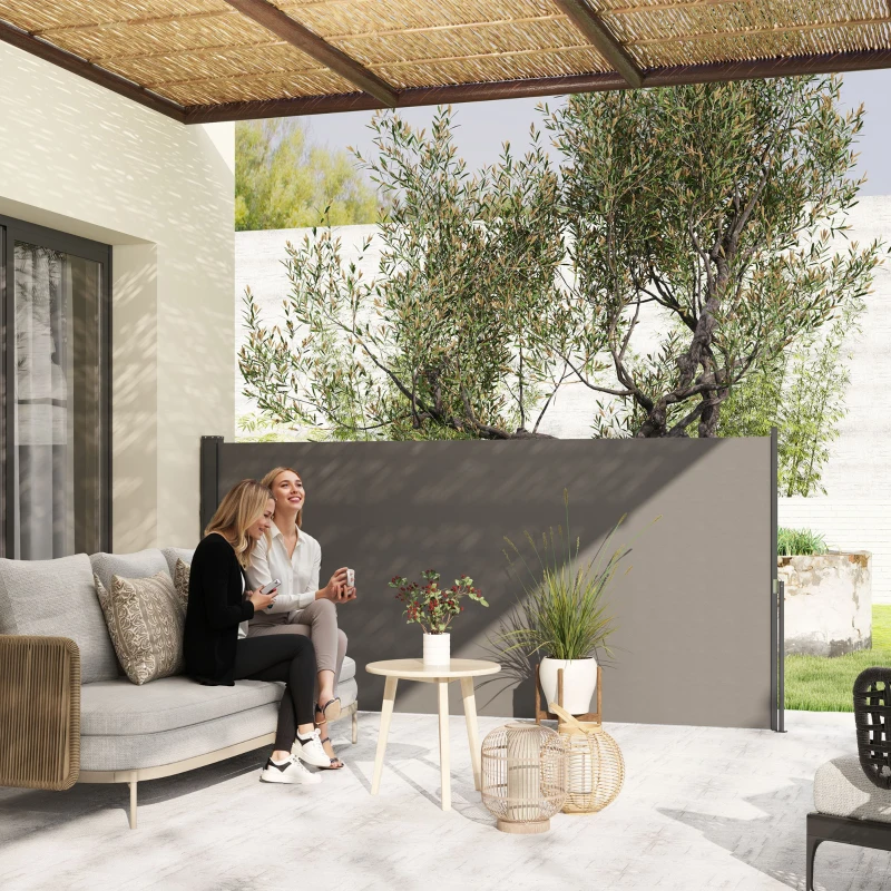Outsunny Paravento Laterale Doppio Retrattile 3 x 1.4 m, in Alluminio e Poliestere Anti-UV ad Alta Densità 180 g/m², Grigio Scuro