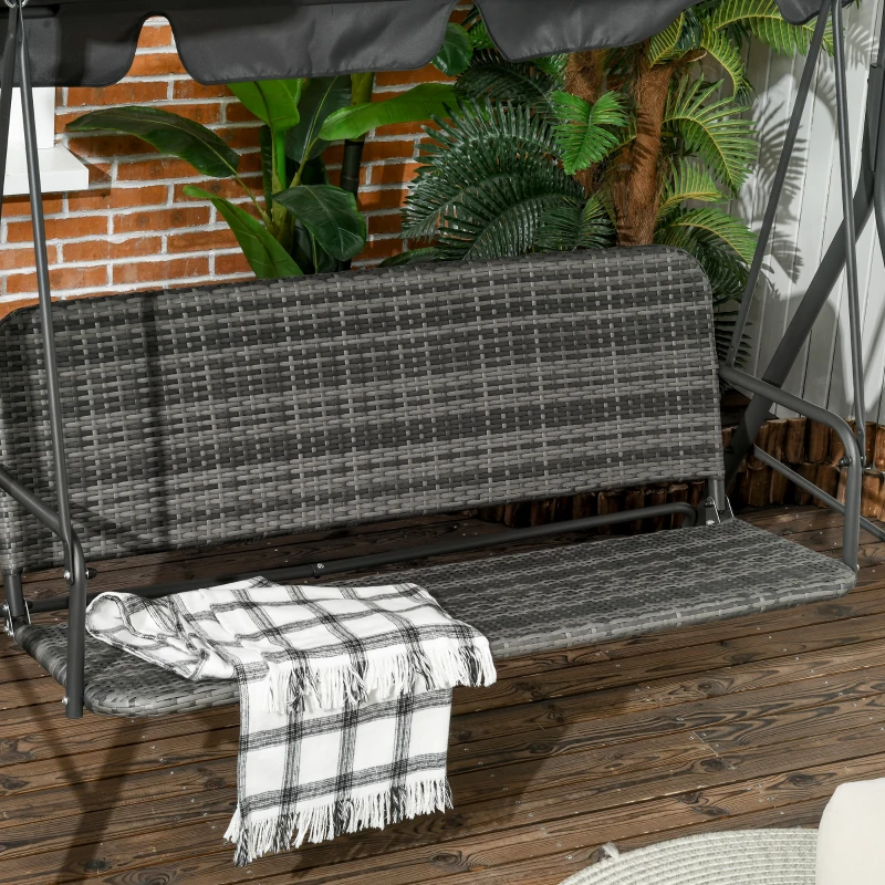 Outsunny Garten-Schaukelstuhl für den Außenbereich mit 3 Plätzen, verstellbarem Dach, PE-Rattan-Sitz und Armlehnen 167x112x153 cm Grau