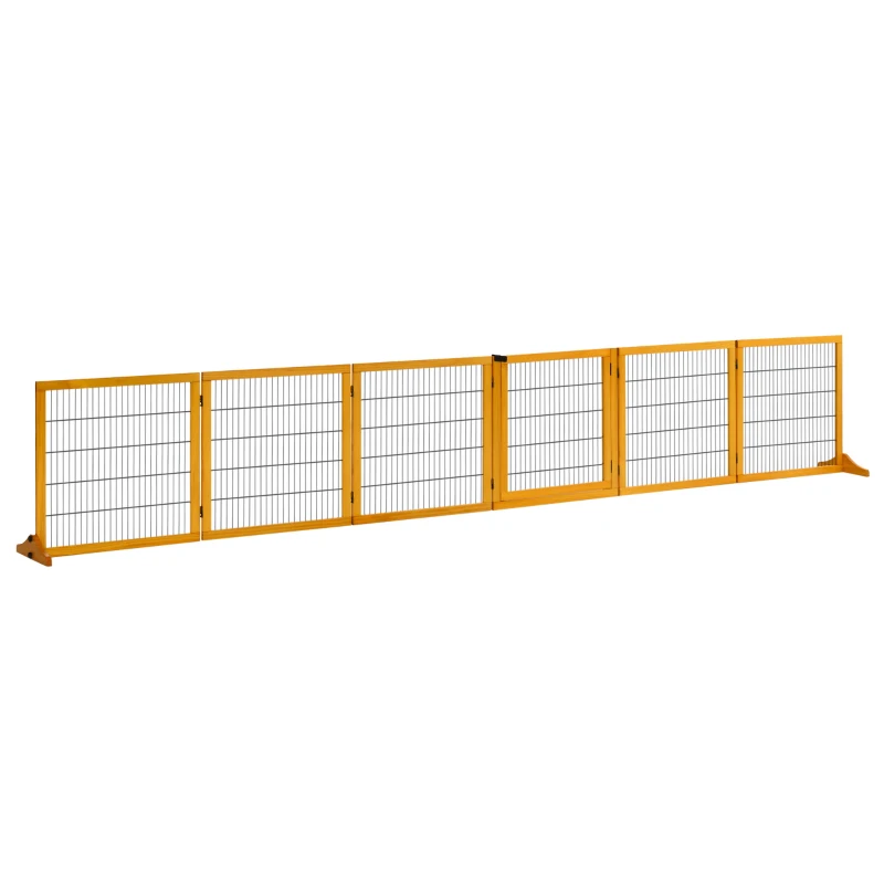 PawHut Barrera de seguridad para perros barrera autoportante plegable 6 paneles 2 pies de apoyo madera de pino 432x36x70 cm Amarillo