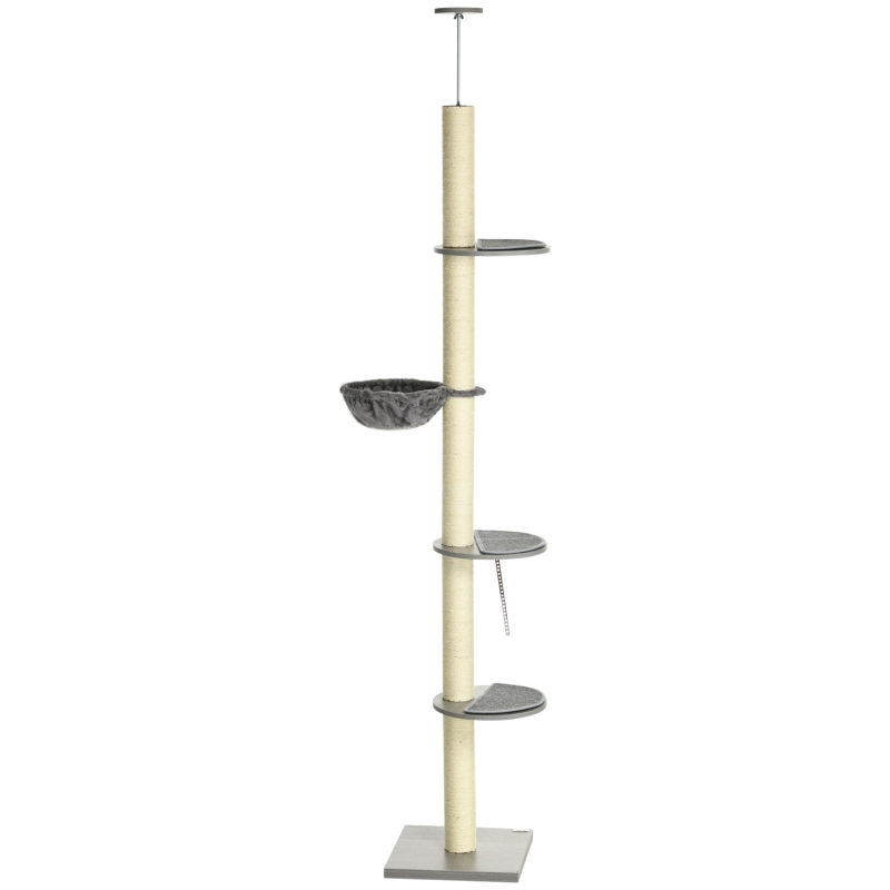 PawHut Rascador para Gatos con Hamaca, incl. Dispositivo de Techo, de Techo Alto, 40x40x250 cm, Gris+ Blanco Crema