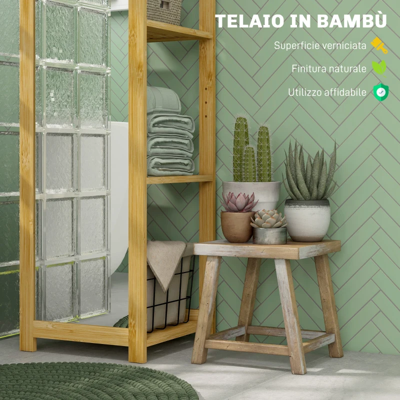 HOMCOM Scaffale da Bagno con Specchio e 6 Ripiani a Doghe in Bambù, 35x35x168cm, Colore Legno