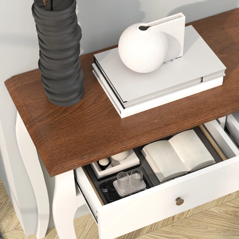HOMCOM Moderner Konsolentisch mit 2 Schubladen aus Holz, 100x35x76,5 cm, Weiß und Dunkelbraun