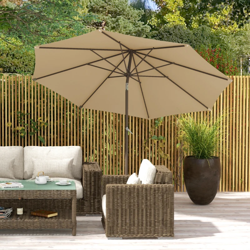 Outsunny Ombrellone da Giardino Ø 2,63 m in Metallo Rotondo, Poliestere 180g/m², Manovella, Inclinabile, Beige