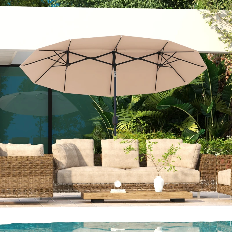 Outsunny Parasol Double Inclinable à 45° avec Manivelle et Prises d'Air, en Acier et Polyester, 285x147x227 cm, Café