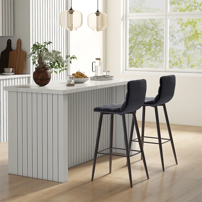 HOMCOM Set di Sgabelli da Bar, Design Scandinavo, Rivestimento in Velluto, Struttura in Metallo, Piedini Antiscivolo, Nero