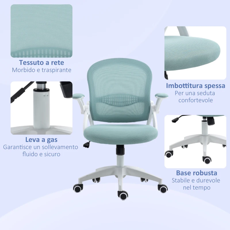 Vinsetto Bürostuhl Ergonomisch mit Netzrücken und Höhenverstellbar, 65,5x61,5x88-97,5cm, Blau