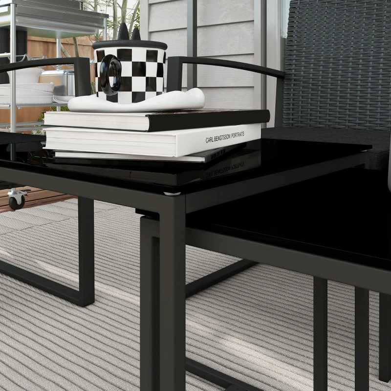 Outsunny Ensemble de Jardin avec 2 Chaises, Canapé et 2 Tables avec Coussins et Plateau en Verre, Noir