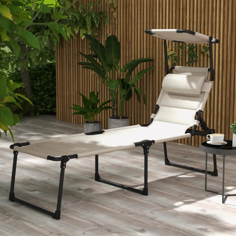 Outsunny Sonnenliege Klappbarer Liegestuhl mit Sonnenschutz, verstellbares Kopfkissen aus Oxford-Gewebe 70 x 200 x 45 cm Creme