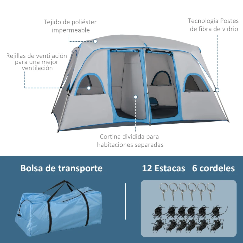 Outsunny Tente de Camping pour 4-8 Personnes avec 2 Chambres 2 Poches et Fenêtres en Filet Imperméable 400x275x210 cm Gris