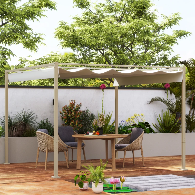 Outsunny Pérgola de jardín 3x3m con techo retráctil y fijación magnética, toldo de protección solar, UPF30+, kaki