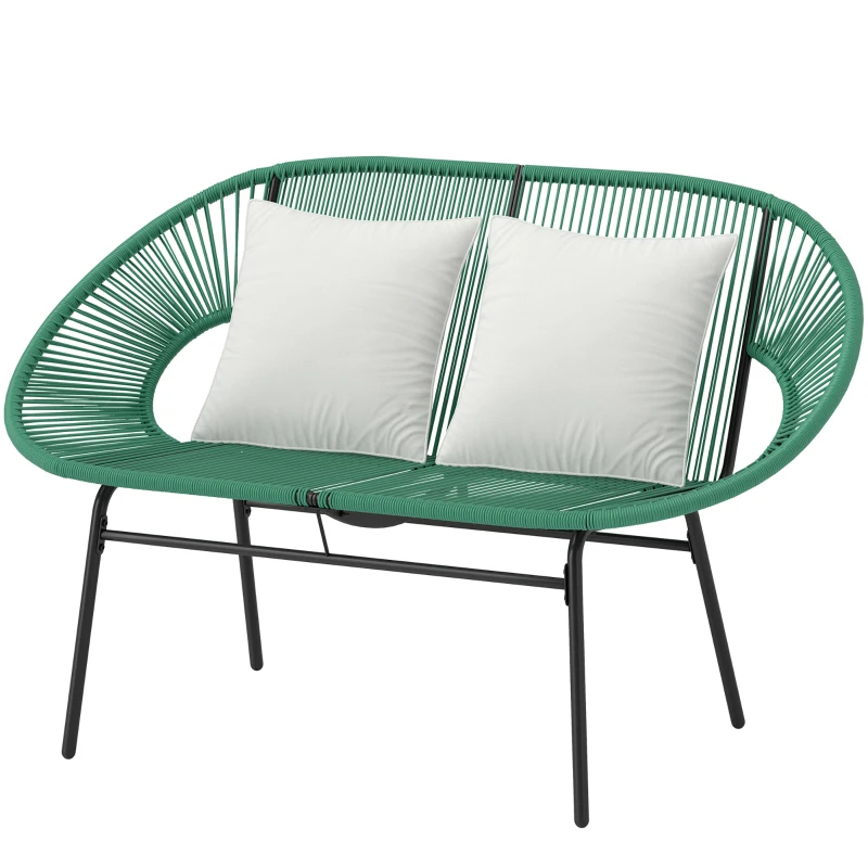 Outsunny Panchina da Giardino da 2 Posti in Acciaio e Corda in Resina con 2 Cuscini, 132L x 72l x 83H cm, Verde Scuro